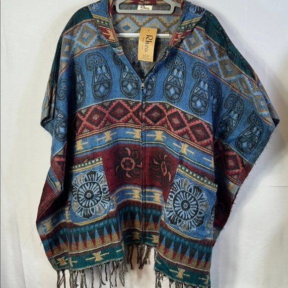 Rhea Boho Blue and Brown Shawl Poncho Fringe Zip Up with hood Oversized - Picture 5 of 6